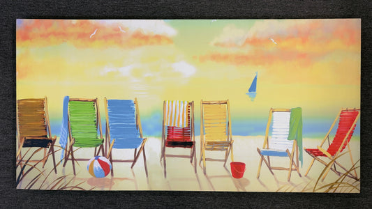 A wide horizontal canvas painting illustrating a vibrant row of empty beach chairs on the sand facing a pastel-colored ocean sunset.