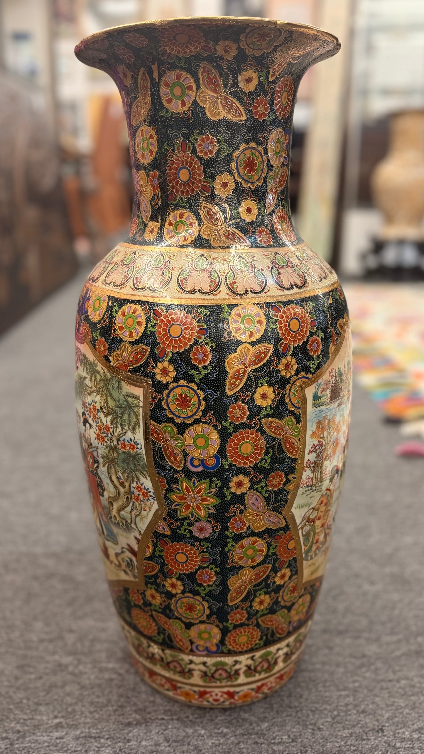 A tall, elegant 24-inch Oriental style ceramic vase featuring a classic tapered silhouette in excellent condition.