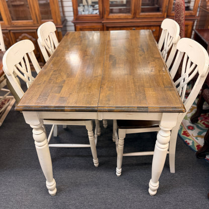 Two-tone counter-height dining set including a rectangular wood-top table with cream-painted turned legs and four matching open-back stools in excellent condition.