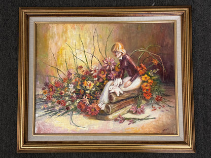 Vertical Floral Figure Framed Canvas Painting