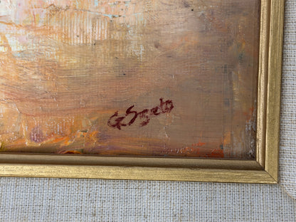 A textured vertical painting featuring a figure surrounded by tall floral blooms and scrolls in a molded gold-leaf frame with a linen liner in excellent condition.