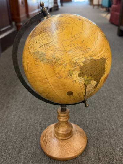 A vintage-inspired 14-inch desktop globe featuring a warm sepia-toned antique map, a dark metal meridian, and a classic turned-wood pedestal base.