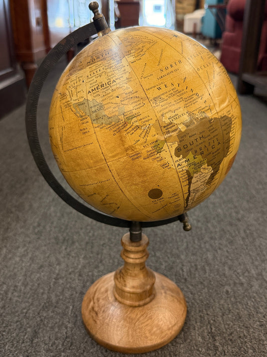 A vintage-inspired 14-inch desktop globe featuring a warm sepia-toned antique map, a dark metal meridian, and a classic turned-wood pedestal base.
