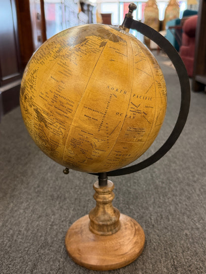 A vintage-inspired 14-inch desktop globe featuring a warm sepia-toned antique map, a dark metal meridian, and a classic turned-wood pedestal base.