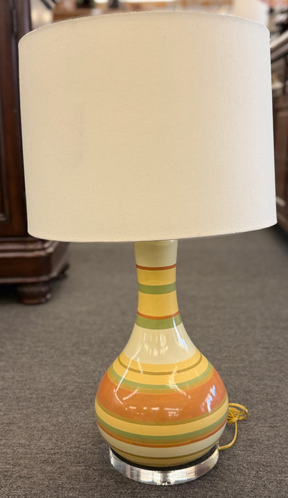 Vintage 1970s inspired multi color striped ceramic gourd table lamp with an acrylic base and beige shade at 2nd Debut Houston consignment showroom