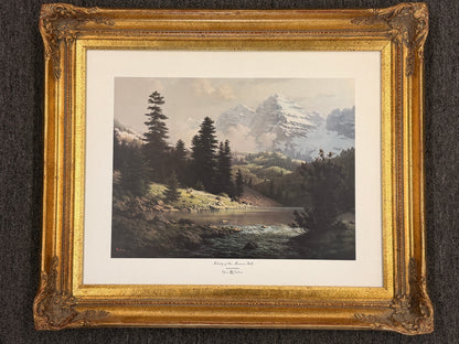 Dalhart Windberg Melody of the Maroon Bells framed landscape art print featuring mountain peaks reflected in a still lake with an ornate gold frame at 2nd Debut Houston consignment showroom